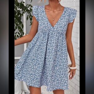 Shein women’s Small Blue White Floral Ruffle Flutter Sleeve VNeck Babydoll Dress